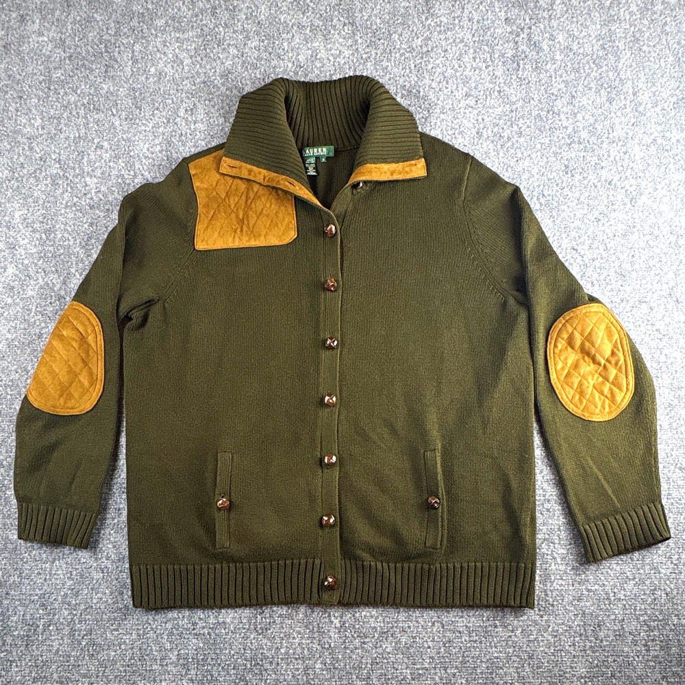 Lauren Ralph Lauren Olive Green Equestrian Button Cardigan Sweater Jacket 2X